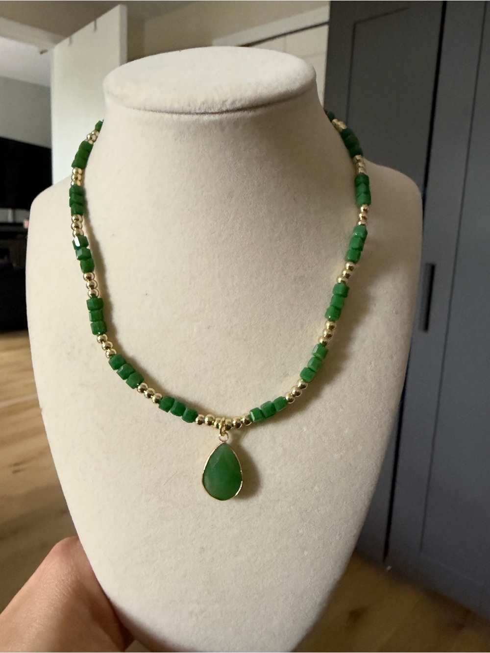 Gold Beaded Necklace with Green Teardrop Pendant